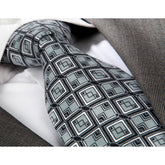 Men's jacquard Black Grey Squares Premium Neck Tie With Gift Box - Amedeo Exclusive