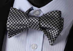 Black With Silver Check Mens Silk Self tie Bow Tie with Pocket Squares Set - Amedeo Exclusive