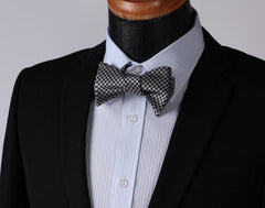 Black With Silver Check Mens Silk Self tie Bow Tie with Pocket Squares Set - Amedeo Exclusive