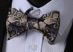 Gold Navy Blue Paisley Mens Silk Self tie Bow Tie with Pocket Squares Set - Amedeo Exclusive