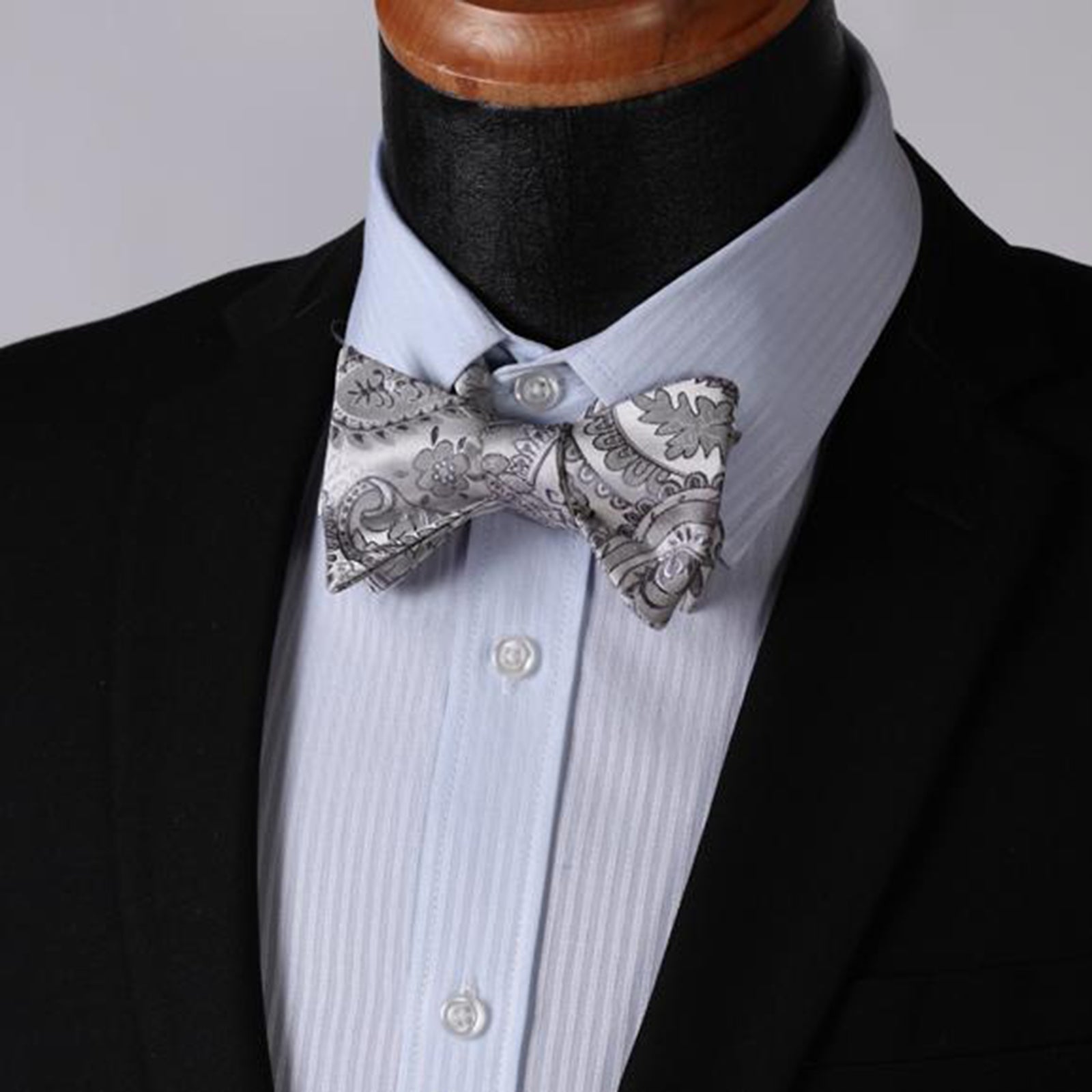 Gray Paisley Mens Silk Self tie Bow Tie with Pocket Squares Set - Amedeo Exclusive