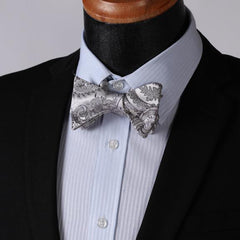 Gray Paisley Mens Silk Self tie Bow Tie with Pocket Squares Set - Amedeo Exclusive