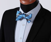 Men's Silk Blue Yellow Stripe Self Bow Tie Pocket Handkerchief - Amedeo Exclusive