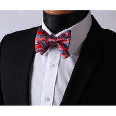 Hot Red Blue Pailsey Mens Silk Self tie Bow Tie with Pocket Squares Set - Amedeo Exclusive