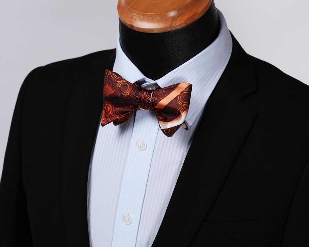 Men's Silk Orange Paisley Stripe Self Bow Tie Pocket Handkerchief - Amedeo Exclusive