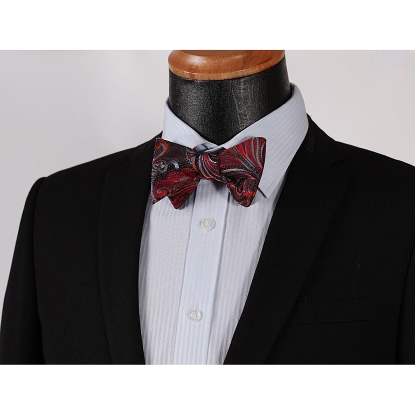 Men's Silk Red Gray Floral Self Bow Tie Pocket Handkerchief - Amedeo Exclusive