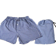 Men's Medium Blue White Check Cotton Boxer Brief Underwear - Amedeo Exclusive