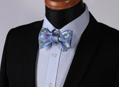 Men's Blue and Yellow Floral Silk Self Tie Bow Tie with Pocket Handkerchief - Amedeo Exclusive