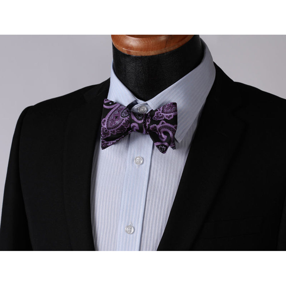 Men's Silk Purple Black Paisley Self Bow Tie & Pocket Handkerchief - Amedeo Exclusive