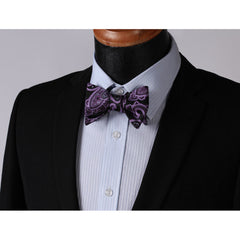 Men's Silk Purple Black Paisley Self Bow Tie & Pocket Handkerchief - Amedeo Exclusive