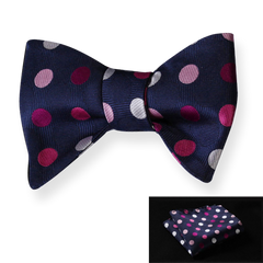 Men's Silk Pink Navy Blue Polka Dot Self Bow Tie Matching Handkerchief - Amedeo Exclusive