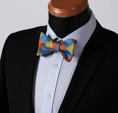 Men's Olive Orange Blue Check Silk Self Bow Tie With Handkerchief - Amedeo Exclusive