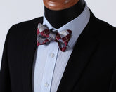Burgundy Gray check Mens Silk Self tie Bow Tie with Pocket Squares Set - Amedeo Exclusive