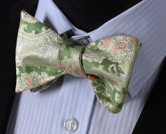 Green Yellow Floral Mens Silk Self tie Bow Tie with Pocket Squares Set - Amedeo Exclusive