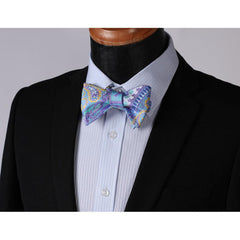 Men's Blue & Yellow Paisley Self Bow Tie & Pocket Handkerchief - Amedeo Exclusive