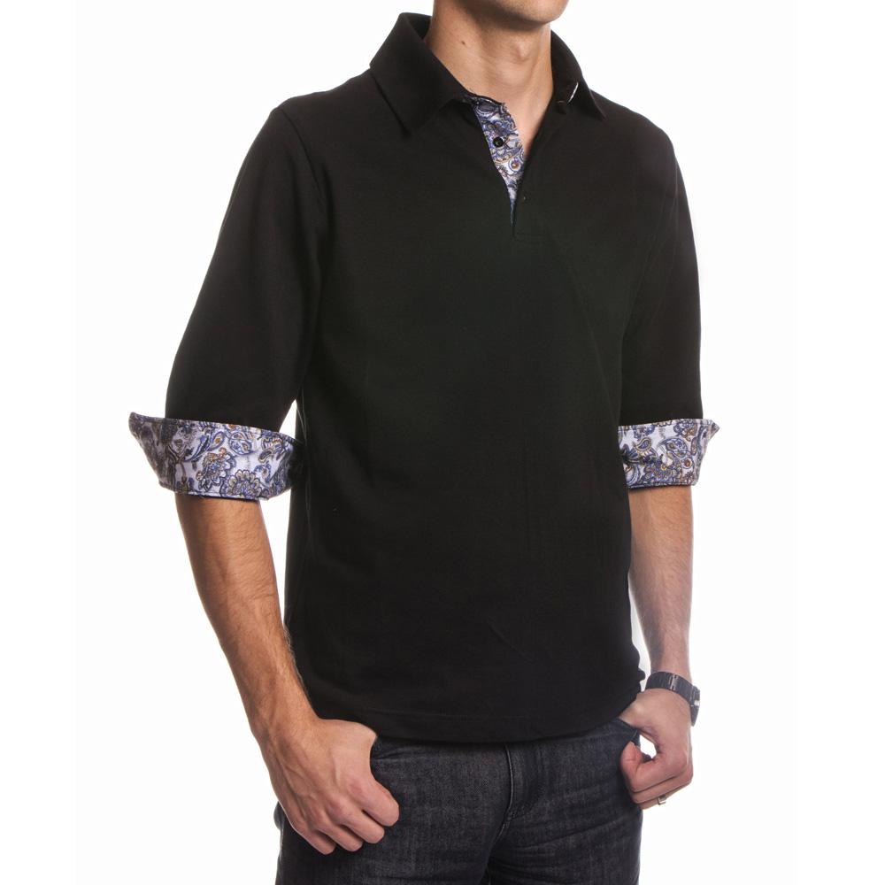 Black Paisley Mens Slim Fit Polo Shirts - 100% Soft Cotton - Tailored Comfortable Fit - Amedeo Exclusive