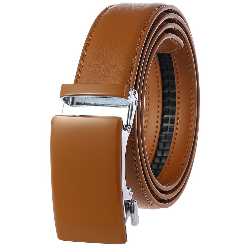 Mens Adjustable Ratchet Slide Buckle Belt - Genuine Leather Automatic Belt  with No Holes - Perfect Fit / Brown