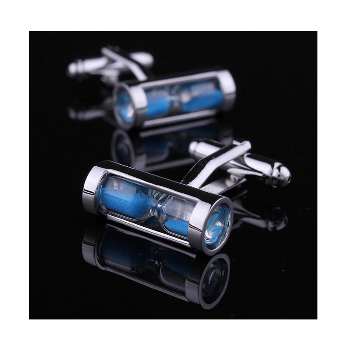 Men's Stainless Steel Blue Hour Glass Cufflinks with Box - Amedeo Exclusive