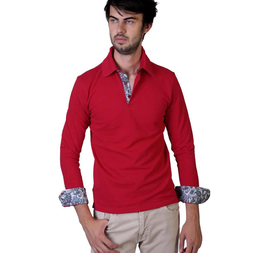 Red Paisley Mens Slim Fit Polo Shirts - 100% Soft Cotton - Tailored Comfortable Fit - Amedeo Exclusive