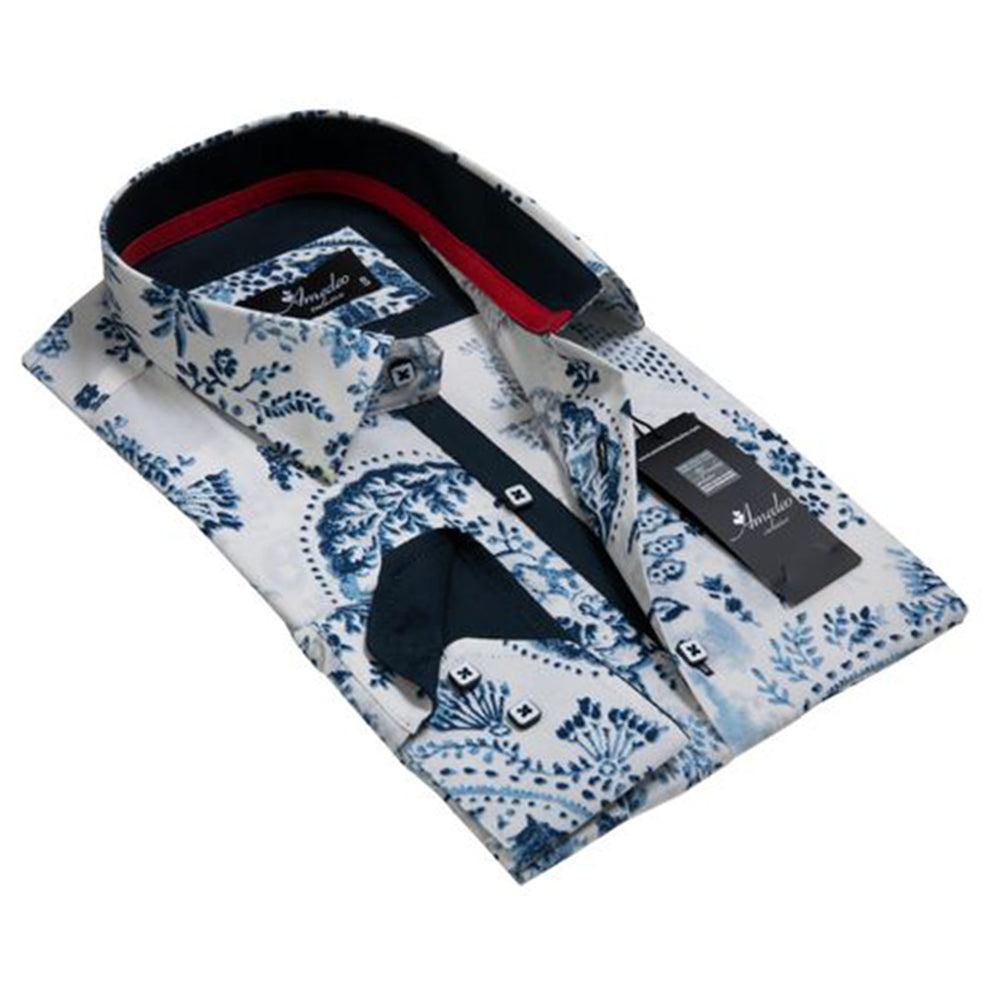 White with Blue Floral Mens Slim Fit Designer Dress Shirt - tailored Cotton Shirts for Work and - Amedeo Exclusive