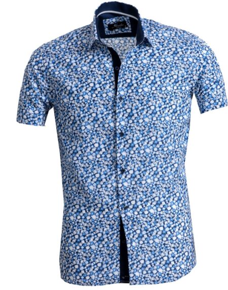 Men's Button down Tailor Fit Soft 100% Cotton Short Sleeve Dress Shirt White Blue Circles casual And Formal - Amedeo Exclusive