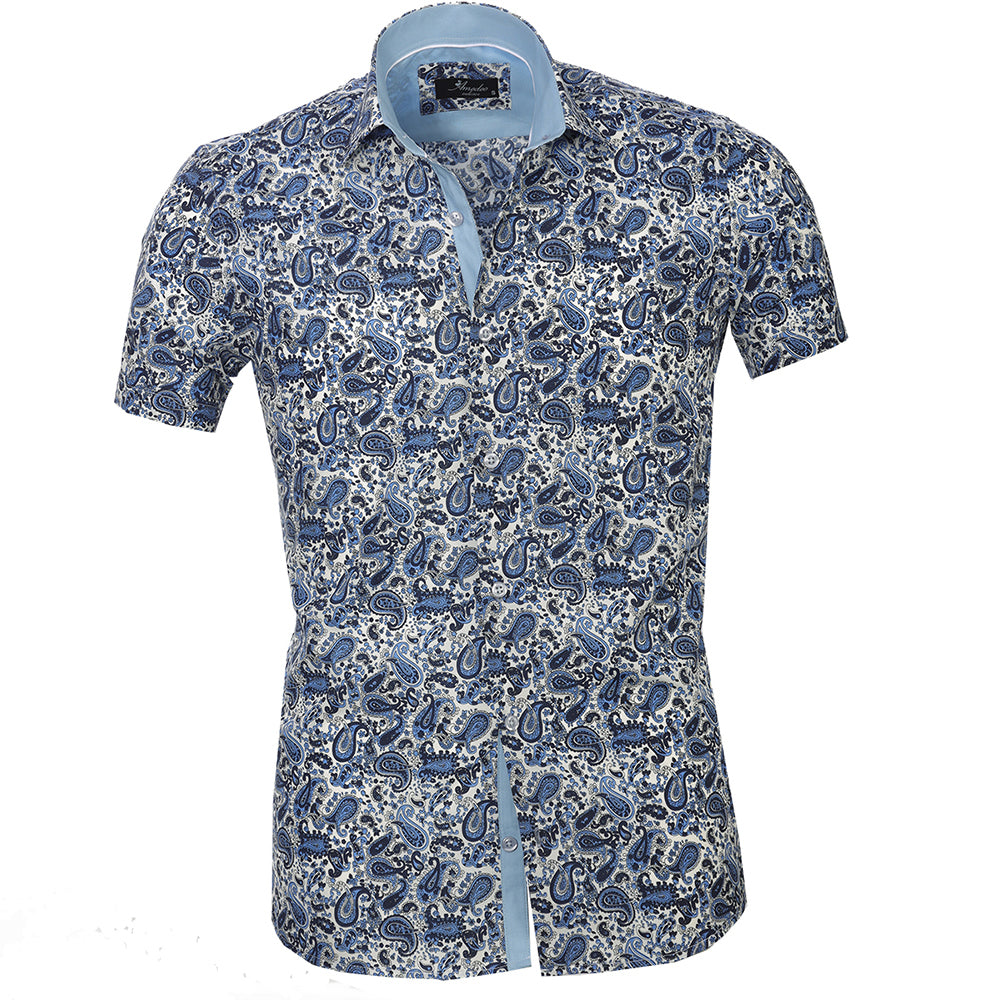 Men's Button down Tailor Fit Soft 100% Cotton Short Sleeve Dress Shirt White with Blue Paisley casual And Formal - Amedeo Exclusive