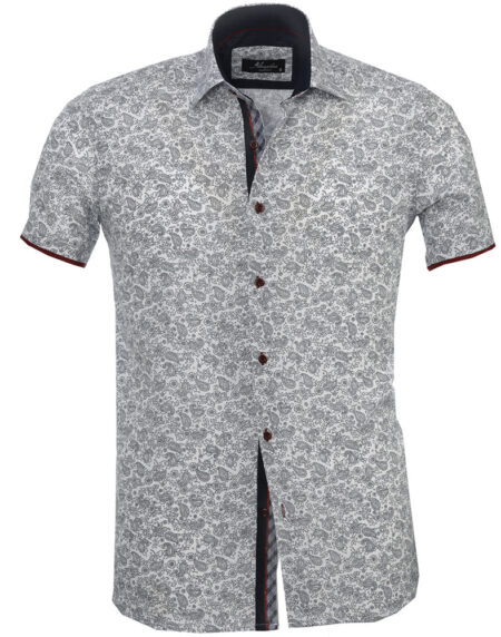 Men's Button down Tailor Fit Soft 100% Cotton Short Sleeve Dress Shirt White Black Floral Paisley casual And Formal - Amedeo Exclusive