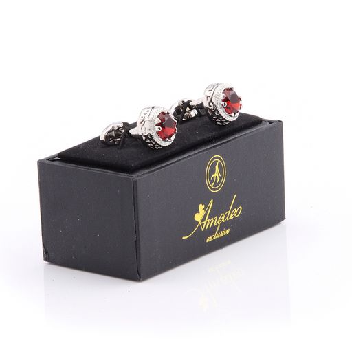 Silver & Red Stone Mens Stainless Steel Big Round Cufflinks for Shirt with Box - Hand Crafted