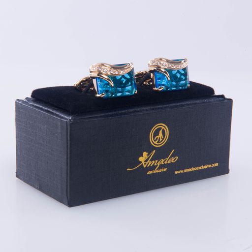 Gold + Light Blue Mens Stainless Steel Squares Cufflinks for Shirt with Box - Hand Crafted Perfect