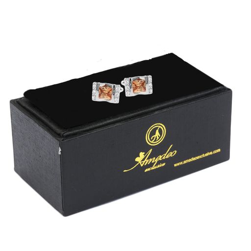 Zirconia with Orange Mens Stainless Steel Square Cufflinks for Shirt with Box - Hand Crafted Perfect