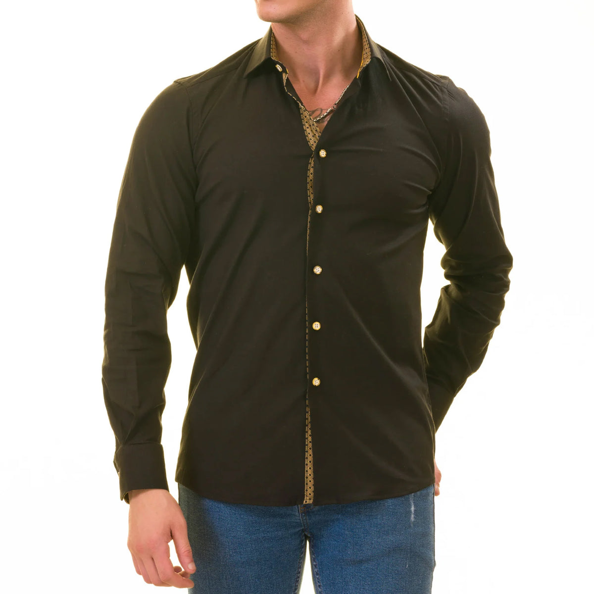 Black with inside Gold Men's Slim Fit Designer Shirt - Tailored Cotton Shirts for Work and Casual Wear