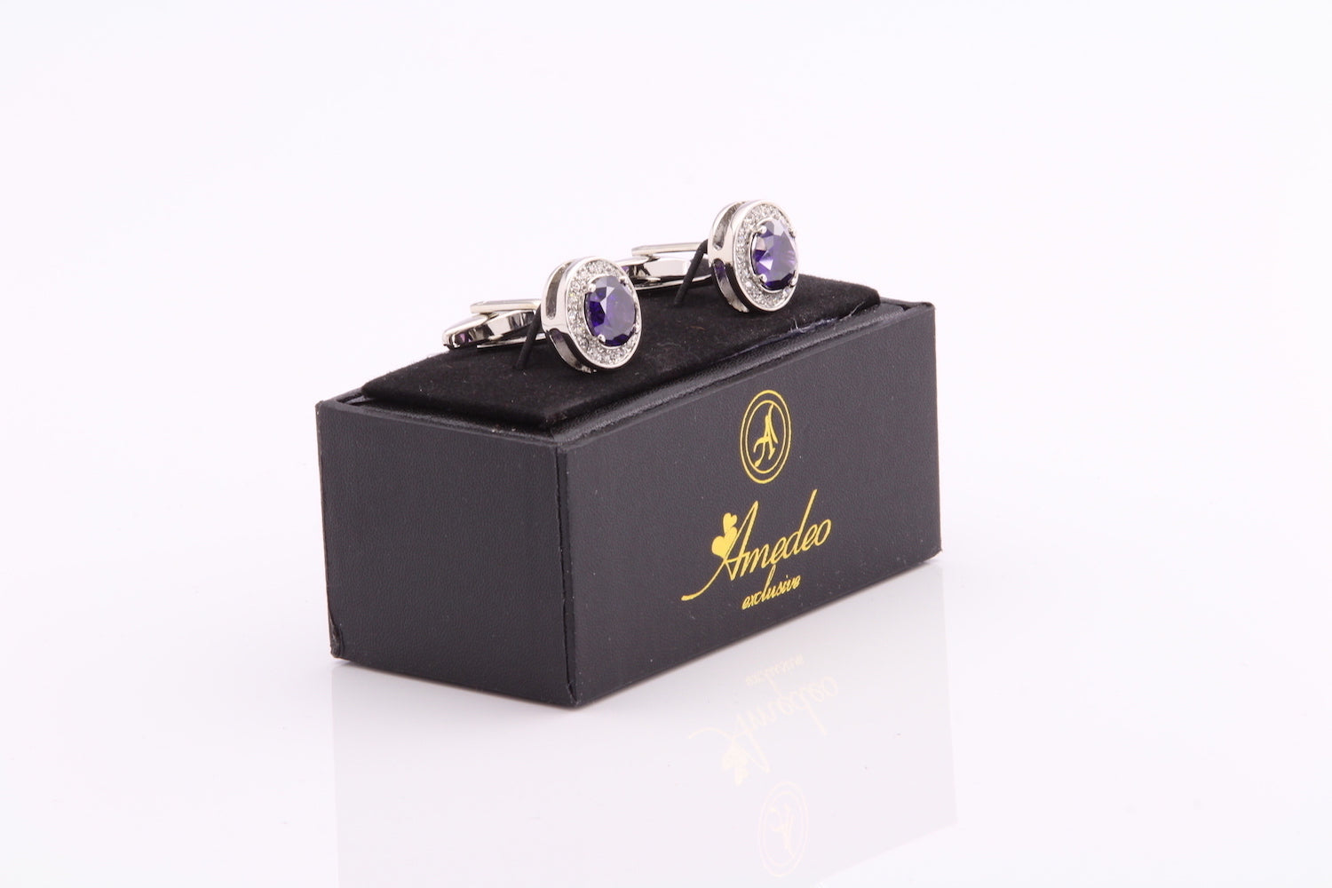 Purple Big Stone Mens Stainless Steel Round Cufflinks for Shirt with Box - Hand Crafted Perfect Gift