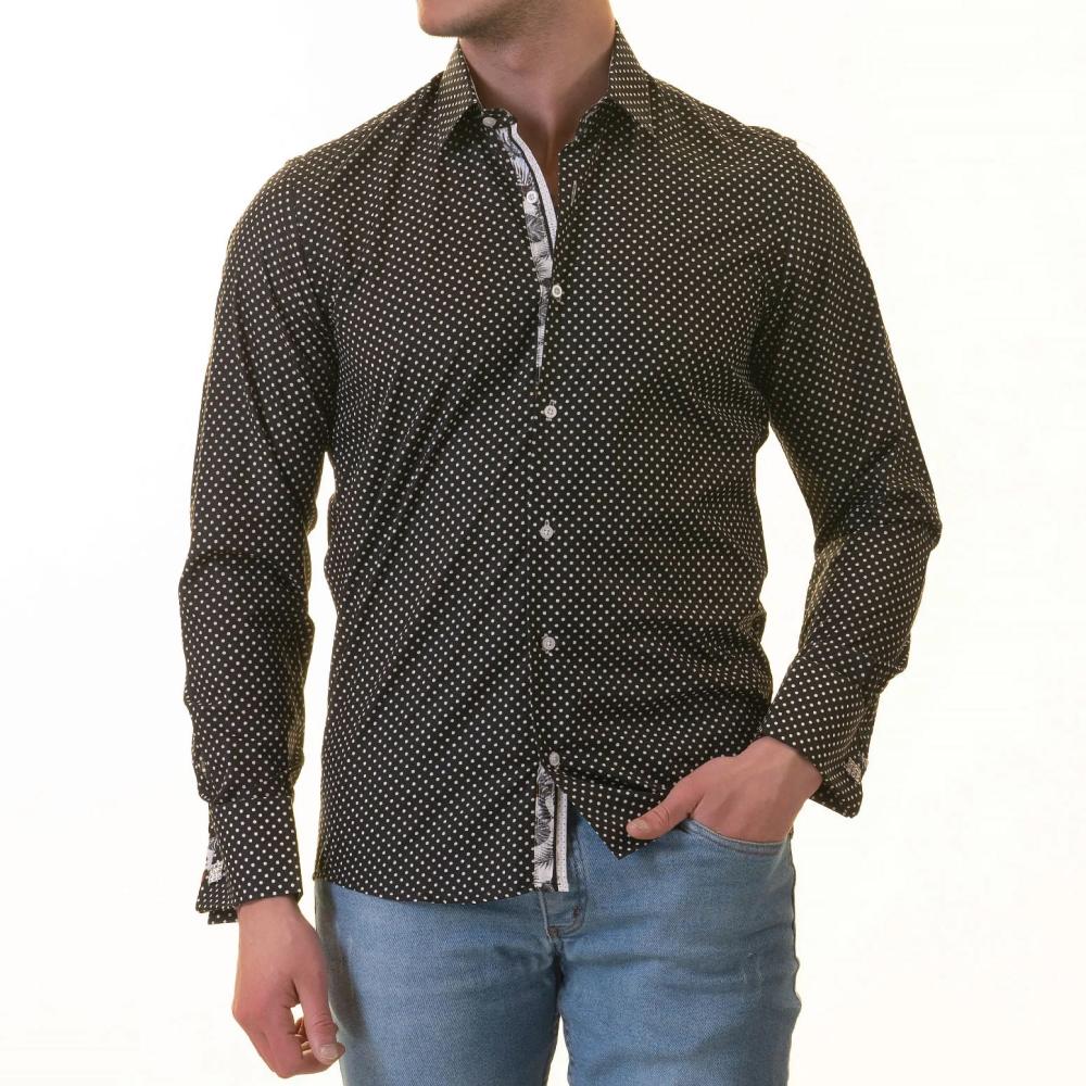 White Black Polka Dot inside Tropical Mens Slim Fit Designer French Cuff Shirt - tailored Cotton Shirts for Work and Casual Wear