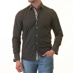 White Black Polka Dot inside Tropical Mens Slim Fit Designer French Cuff Shirt - tailored Cotton Shirts for Work and Casual Wear