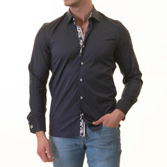 Navy inside Floral Mens Slim Fit Designer French Cuff Shirt - tailored Cotton Shirts for Work and Casual Wear