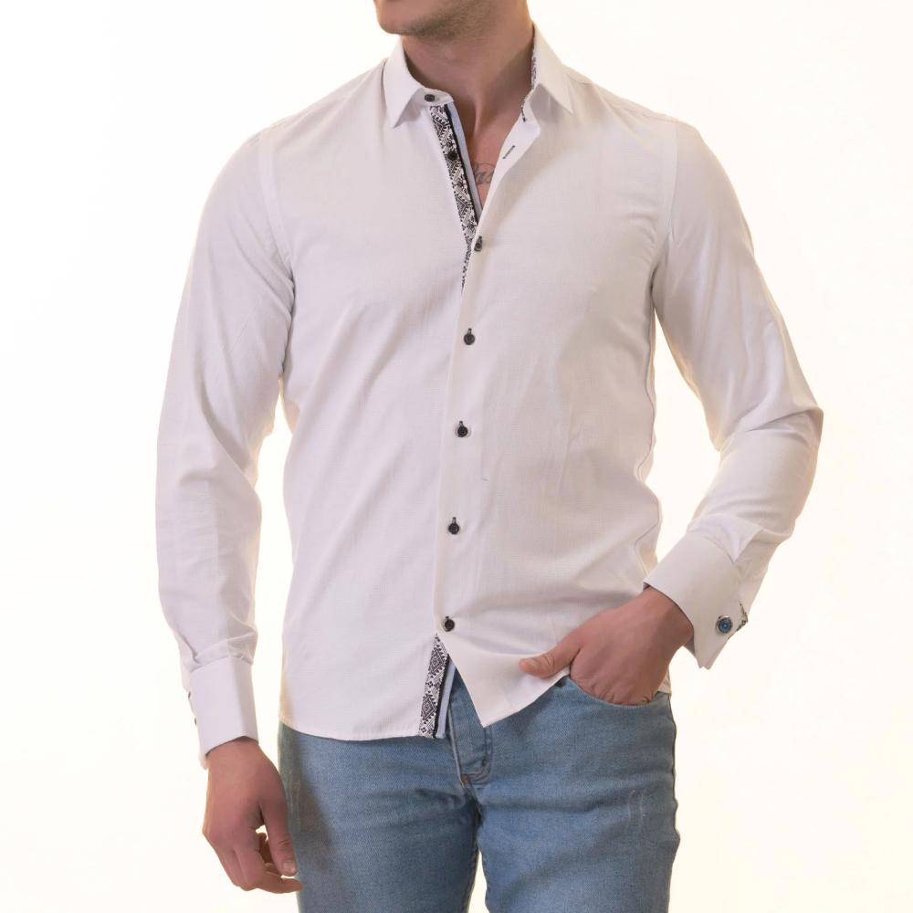 White inside Black Printed Double Cuff Shirt Mens Slim Fit Designer French Cuff Shirt - tailored Cotton Shirts for Work and Casual Wear