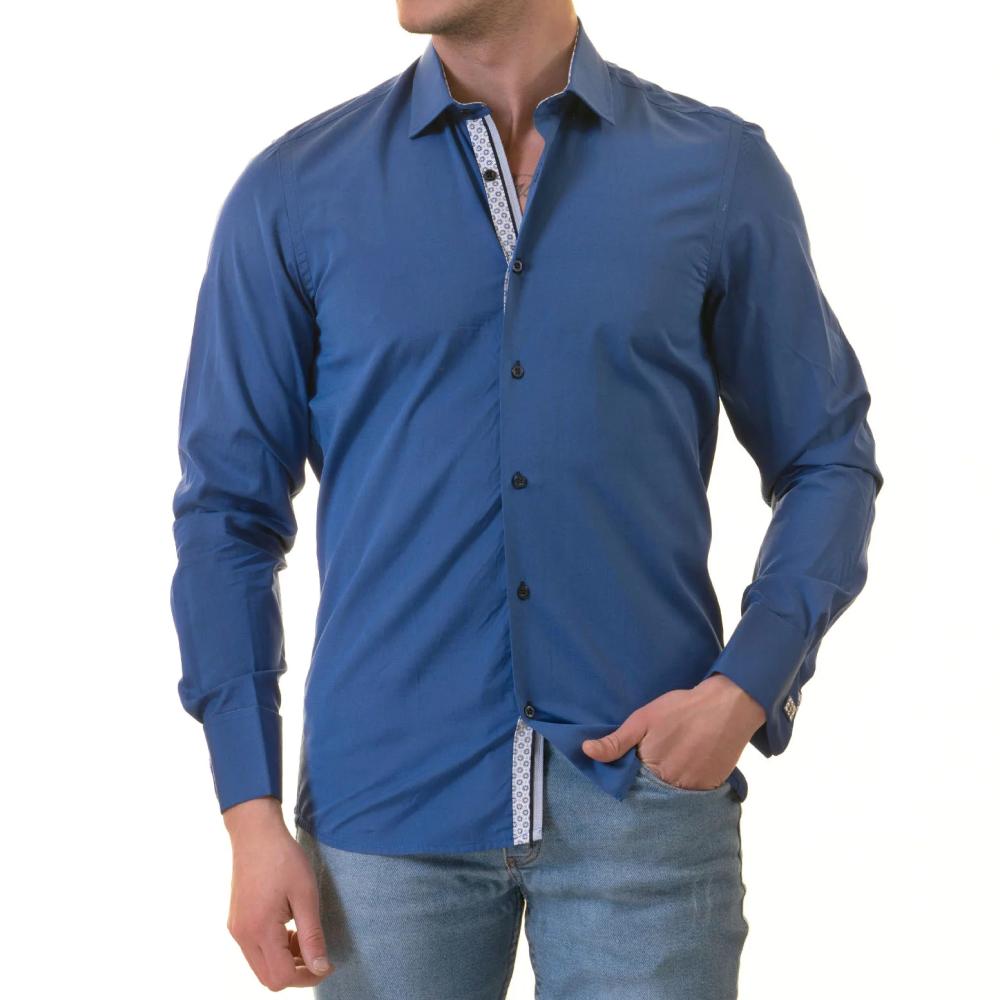 Royal Blue inside White Printed Double Cuff Shirt Mens Slim Fit Designer French Cuff Shirt - tailored Cotton Shirts for Work and Casual Wear