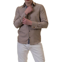 Brown White Mens Slim Fit French Cuff Shirts with Cufflink Holes - Casual and Formal