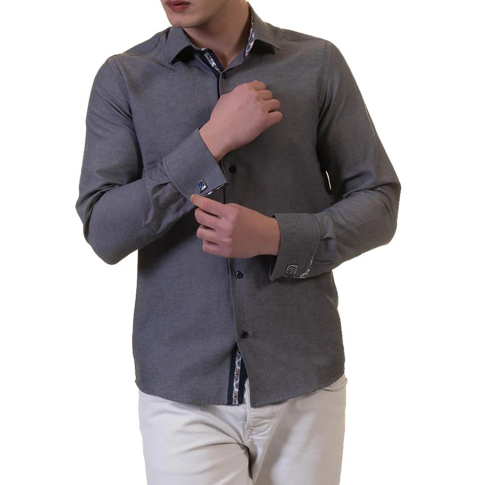 Grey Mens Slim Fit French Cuff Shirts with Cufflink Holes - Casual and Formal