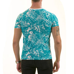 Blue Leaves Printed European Made Premium Quality T-Shirt - Crew Neck Short Sleeve T-Shirts