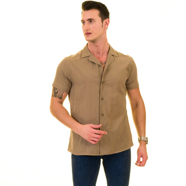 Solid Tan European Made & Designed Hawaiian Summer Shirts For Men