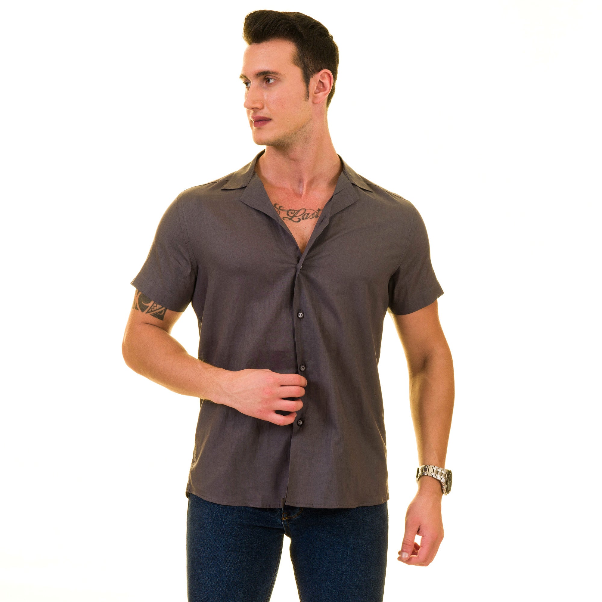 Solid Gray European Made & Designed Hawaiian Summer Shirts For Men