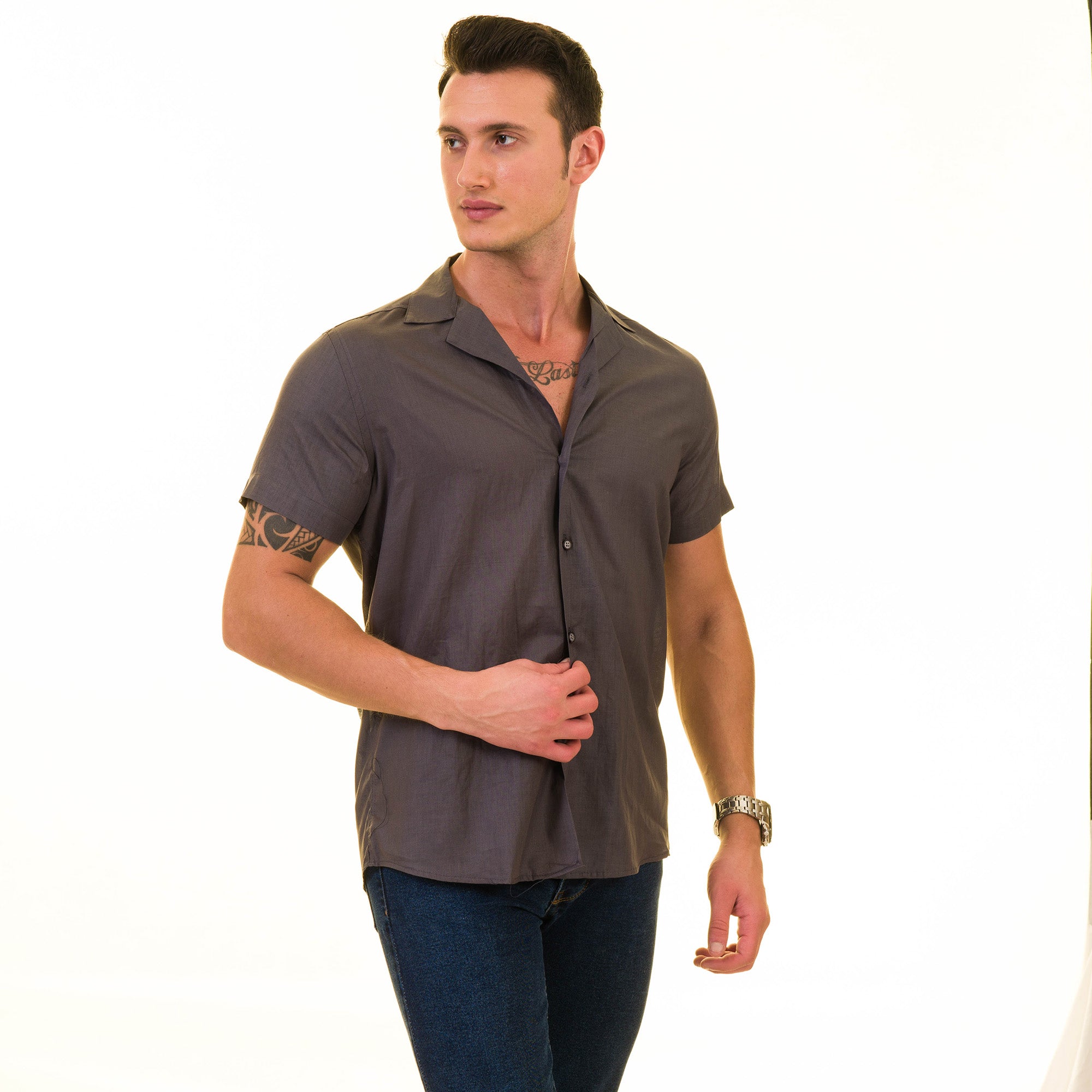 Solid Gray European Made & Designed Hawaiian Summer Shirts For Men