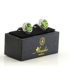 Silver with Big Green Stone Mens Stainless Steel Round Cufflinks for Shirt with Box - Hand Crafted Perfect
