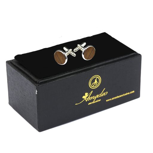Brown On Silver Mens Stainless Steel Round Cufflinks for Shirt with Box - Hand Crafted Perfect Gift