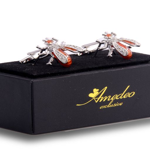 Men's Stainless Steel Orange Diamond Flies Cufflinks with Box