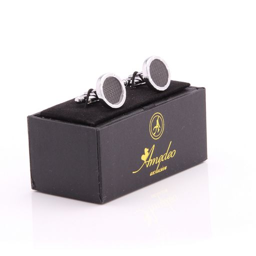 Silver + Black Carbon Fiber Mens Stainless Steel Round Cufflinks for Shirt with Box - Hand Crafted