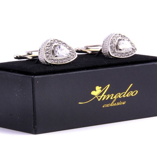 White with White Triangle Mens Stainless Steel Diamond Cufflinks for Shirt with Box - Hand Crafted