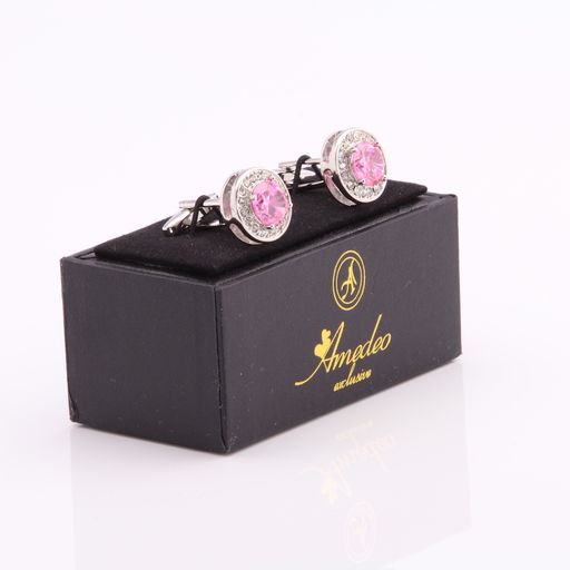 Pink Round Big Stone Mens Stainless Steel Rectangular Cufflinks for Shirt with Box - Hand Crafted