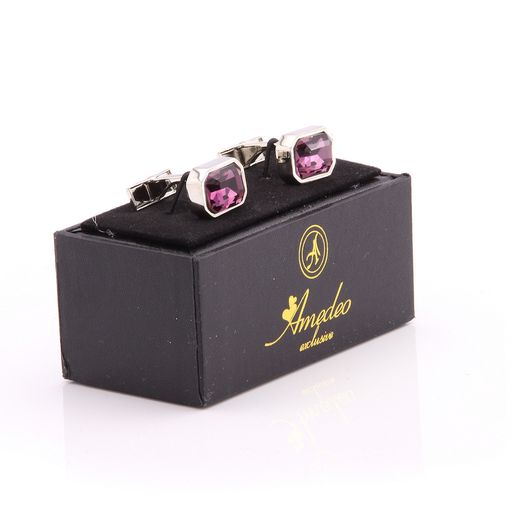 Silver with Big Purple Stone Mens Stainless Steel Rectangular Cufflinks for Shirt with Box - Hand